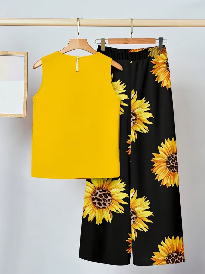 Womens Sleeveless Irregular Tank Top And Pants Fashionable Printed Two-Piece Set