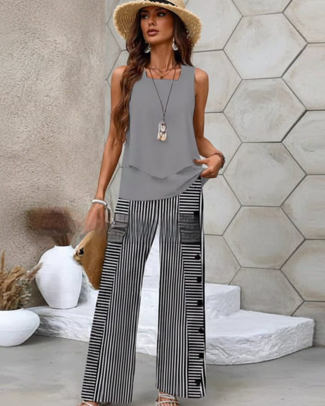 Print Suits Sleeveless Double-layer Vest And Loose Straight Pants Womens Clothing