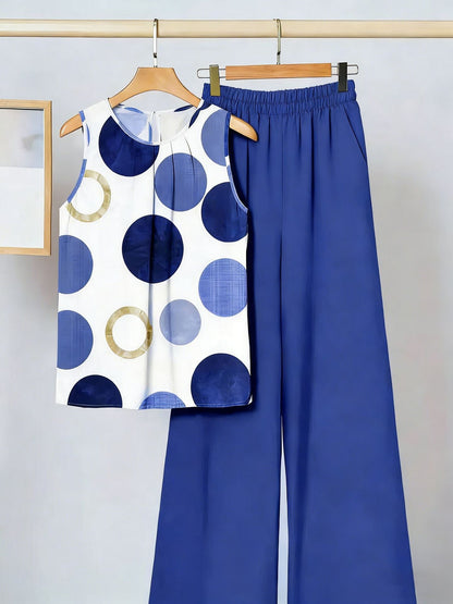 Womens Sleeveless Irregular Tank Top And Pants Fashionable Printed Two-Piece Set