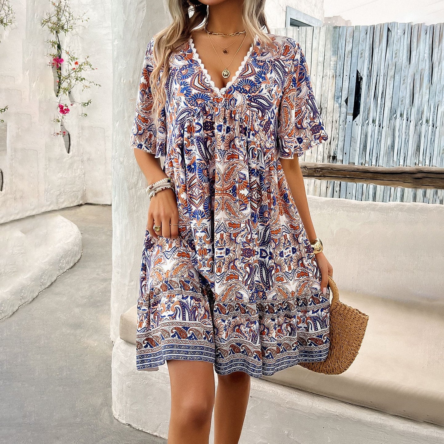 Boho Printed V-Neck Dress by Sophie Laurie