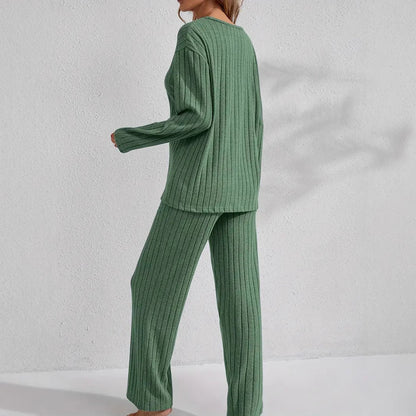 Ribbed Long-Sleeve Top And Pants Casual Comfortable Womens Loungewear Set