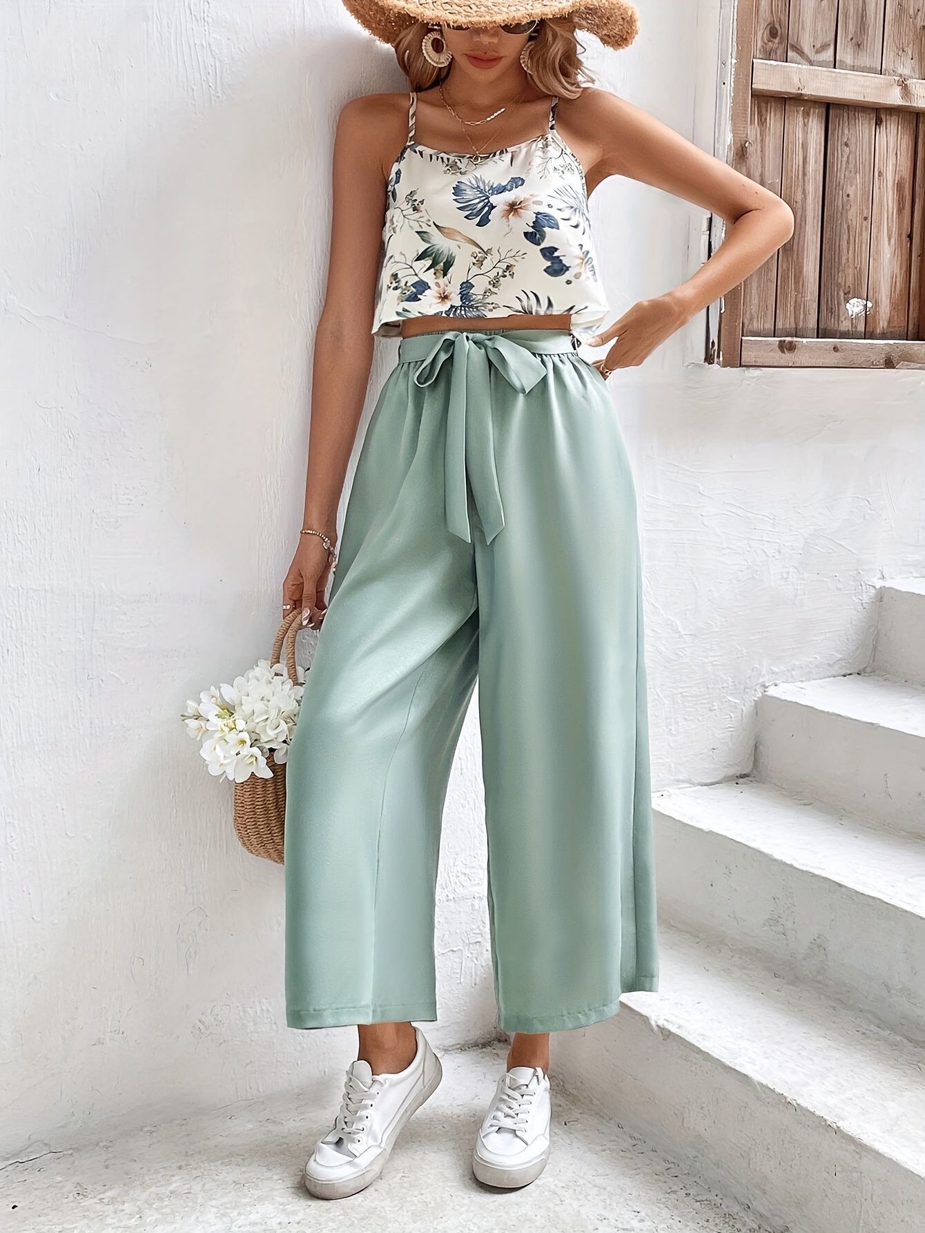 Womens Casual Printed Top And Tie-Front Pants Set