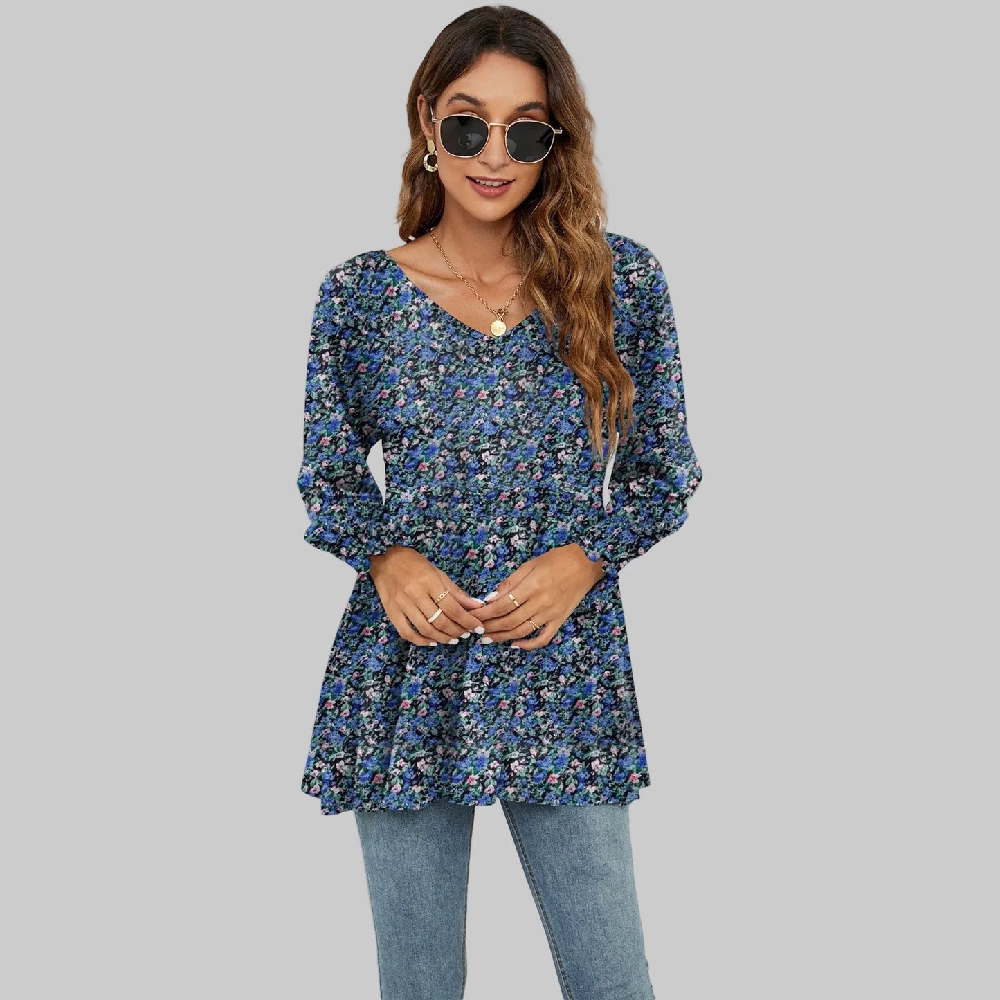 Floral Puff Sleeve V-Neck Top by Sophie Laurie