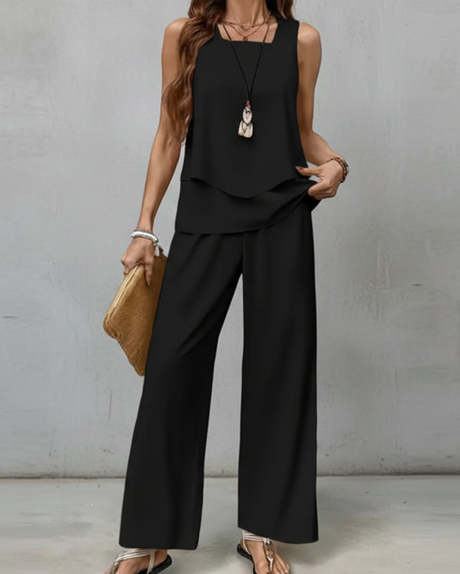 Print Suits Sleeveless Double-layer Vest And Loose Straight Pants Womens Clothing