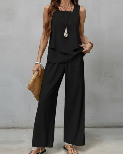 Print Suits Sleeveless Double-layer Vest And Loose Straight Pants Womens Clothing